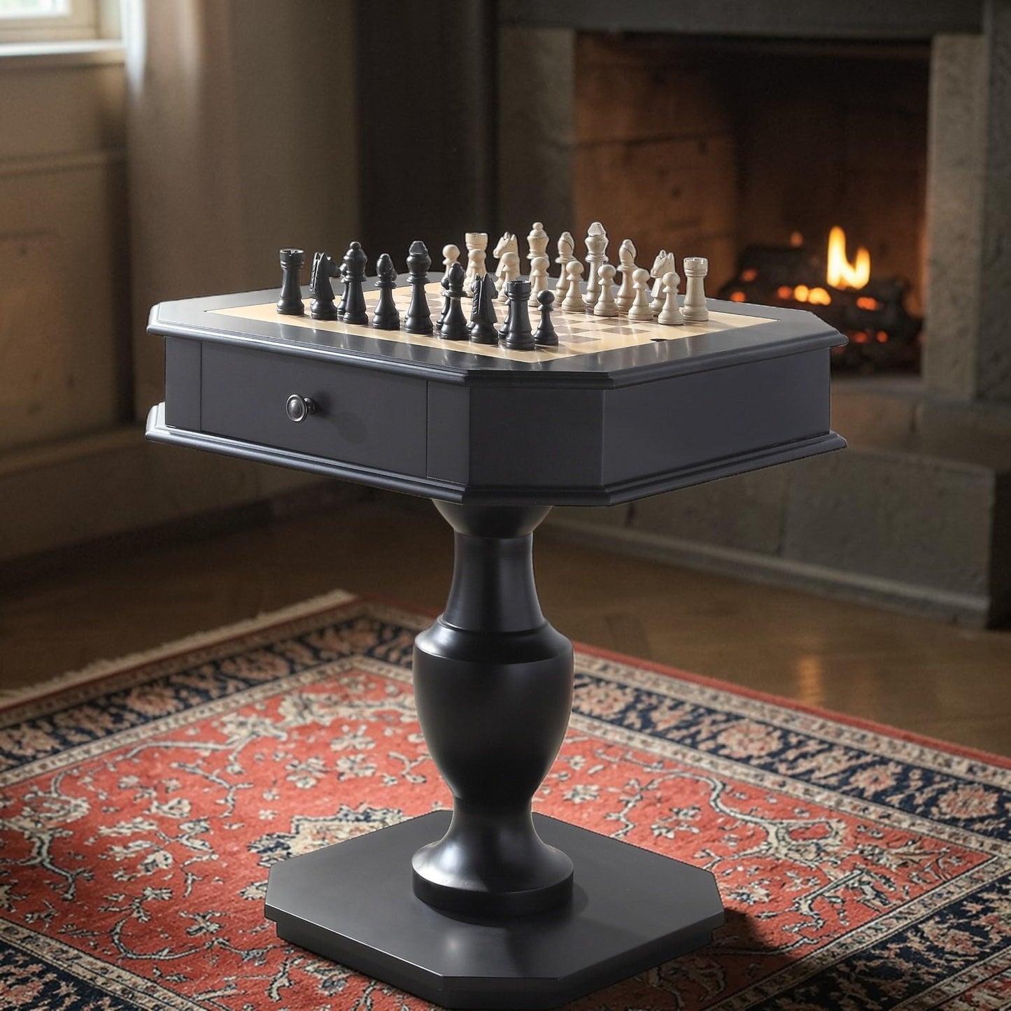 ComeWay Chess Table, Reversible Chess Checker Game Table with 2 Drawers for Family Entertainment Room, 3-in-1 Square Game Tray for Chess Checker Backgammon, Black