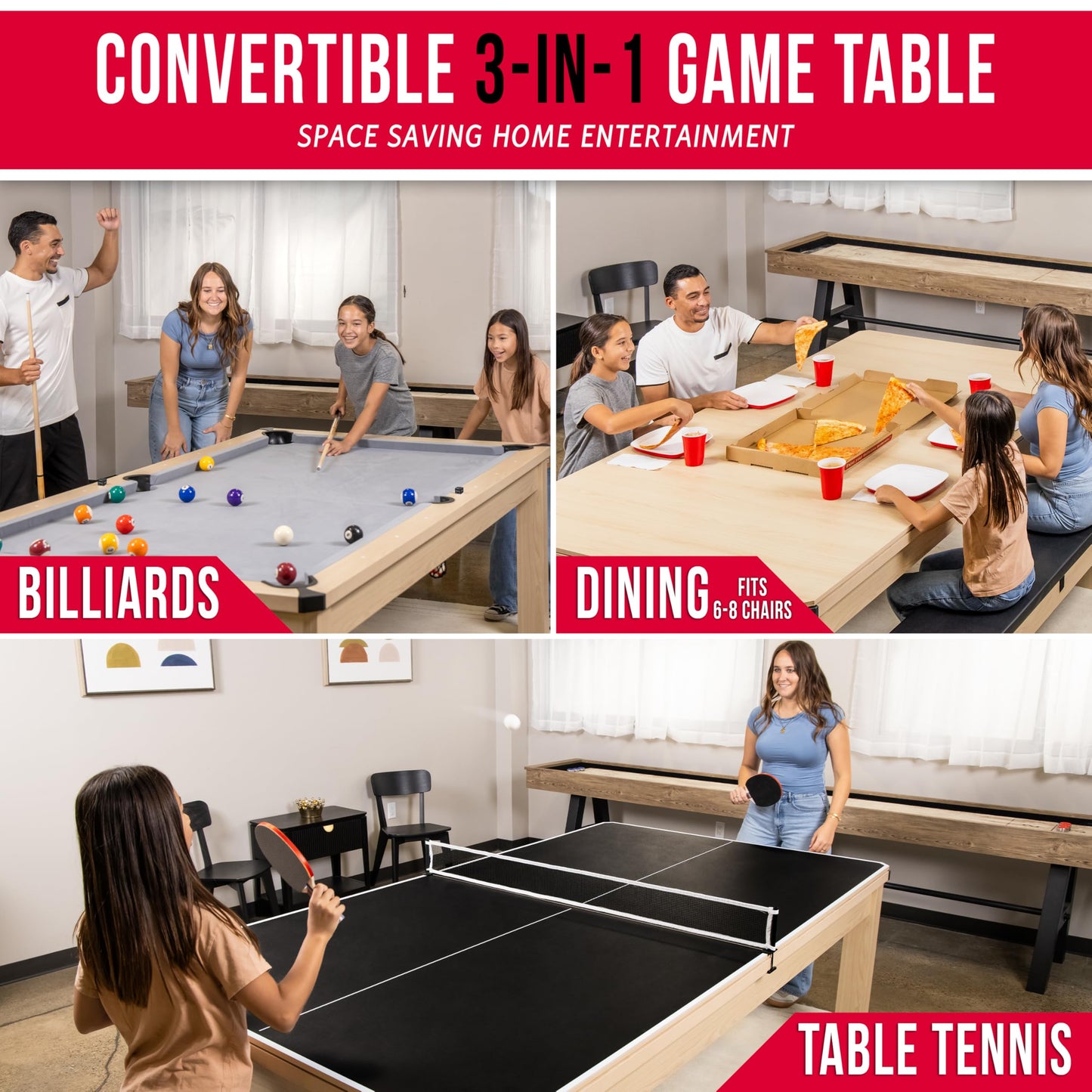 GoSports 8 ft 3 in 1 Pool, Dining, & Table Tennis Combo Table and Storage Benches - Convertible Billiards with Game Accessories - Light Birch