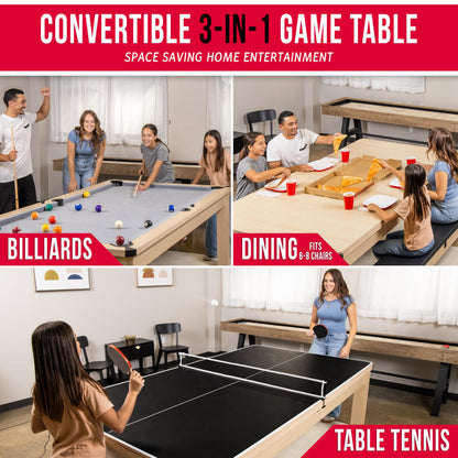 GoSports 8 ft 3 in 1 Pool, Dining, & Table Tennis Combo Table and Storage Benches - Convertible Billiards with Game Accessories - Light Birch