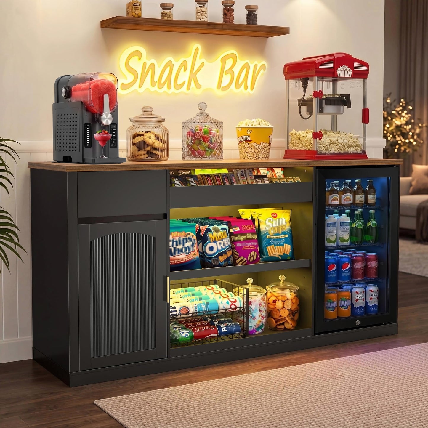 GDLF Snack Bar Cabinet with Fridge Space, 70.1" Snack Organizer with Storage and Candy Display Shelf, Coffee Station for Home Theater or Game Room with LED Lights, Black