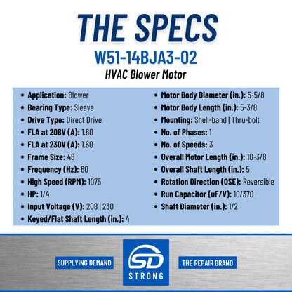 Supplying Demand W51-14BJA3-02 HVAC Blower Motor 1/4 HP 1 Phase 3 Speed 208/230V 1075 RPM