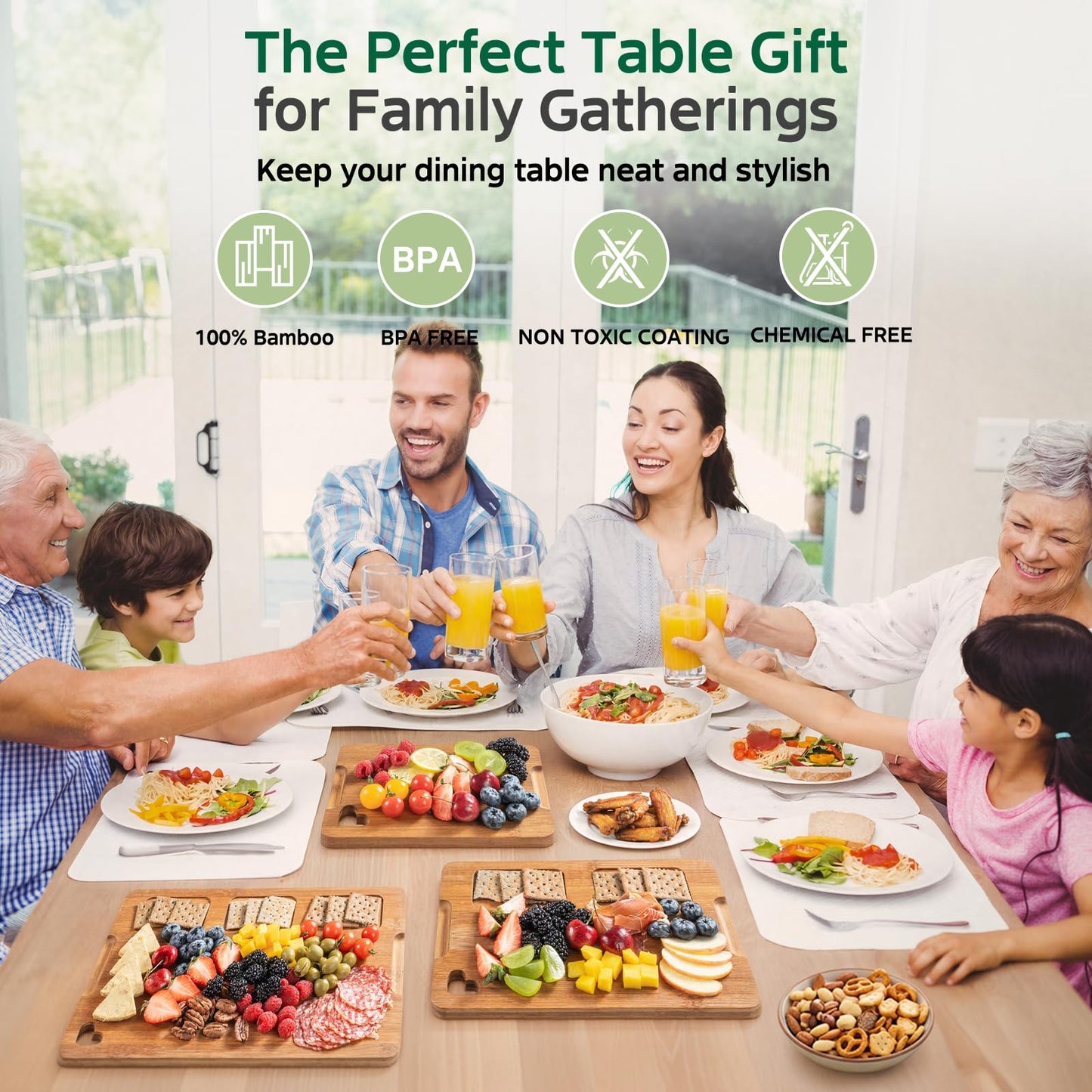 Vocvee Bamboo Cutting Boards for Kitchen(Set of 3), Wood Cutting Board with Wood Storage Stand, Charcuterie & Chopping Board for Vegetables and Meat, with Deep Juice Groove, Ideal Kitchen Gifts