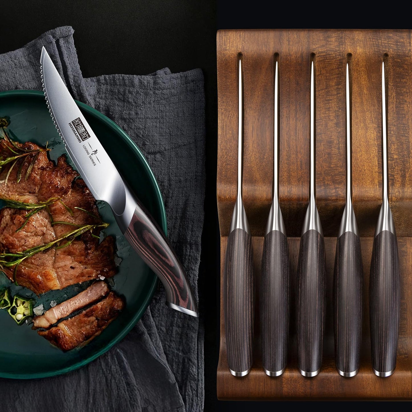 HOSHANHO Steak Knives Set of 6 with Block, 4.5 Inch Serrated Steak Knife Set, Japanese High Carbon Steel Kitchen Steak Knives with Ergonomic Handle