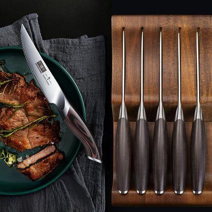 HOSHANHO Steak Knives Set of 6 with Block, 4.5 Inch Serrated Steak Knife Set, Japanese High Carbon Steel Kitchen Steak Knives with Ergonomic Handle