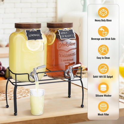 mustry Glass Drink Dispenser for Parties, 1 Gallon Beverage Dispenser with Stand and Spigot Solid Stainless Steel, Used as Lemonade Dispenser Sun Tea Jar Kombucha Jar, Set of 2
