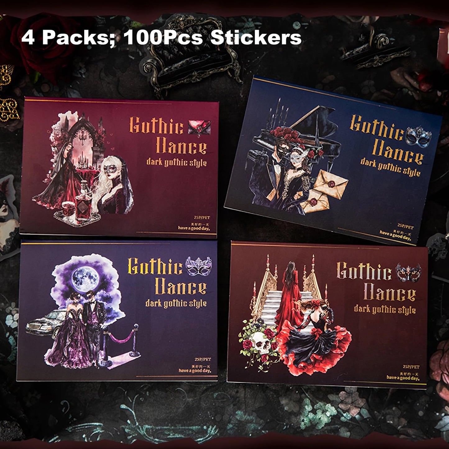 AuriicLeaf Dark Gothic Ballroom PET Sticker Set, 100PCS Vintage Dance Ephemera for Scrapbooking, Journaling, DIY Crafts, and Planner Supplies