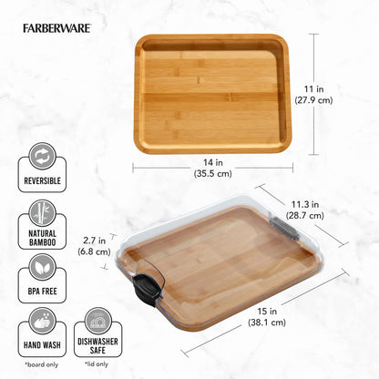 Farberware Build-A-Board Bamboo Cutting Board with Single Storage Compartment, Clear Locking Lid, Black Handles, Perfect for Charcuterie & Snacks