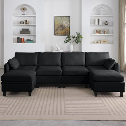 KEIKI 109 Inch Chenille Sectional Sofa Set, Modern U-Shaped Sleeper Cloud Couch with Storage Pockets & Ottoman, 6-Seater Modular Sofa Couches Bed for Apartment Living Room Lounge, Easy Assembly, Black