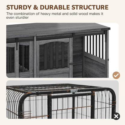 Homiflex 72" Double Dog Crate Furniture for 2 Medium Large Dogs Wooden Heavy Duty Dog Kennel Furniture with 2 Sliding Doors and Divider Decorative Dog Cage TV Stand End Table for Indoor, Grey