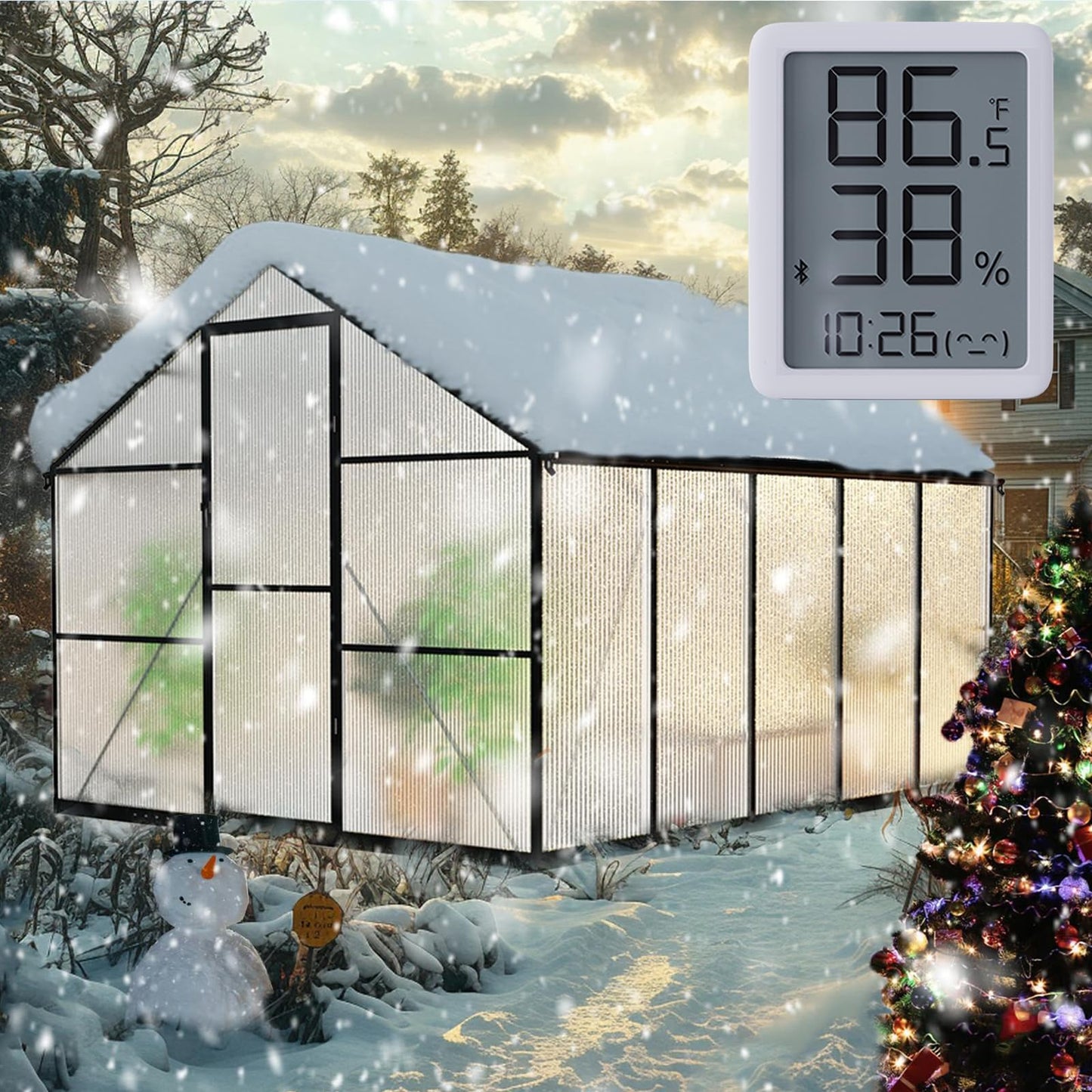 8X10FT Greenhouses for Outdoors with Electronic Thermometers, Green Houses for Outside with Drainage Channel Roof Vent for Backyard, Walk-in Greenhouse Kit Withstands Strong Wind or Snow