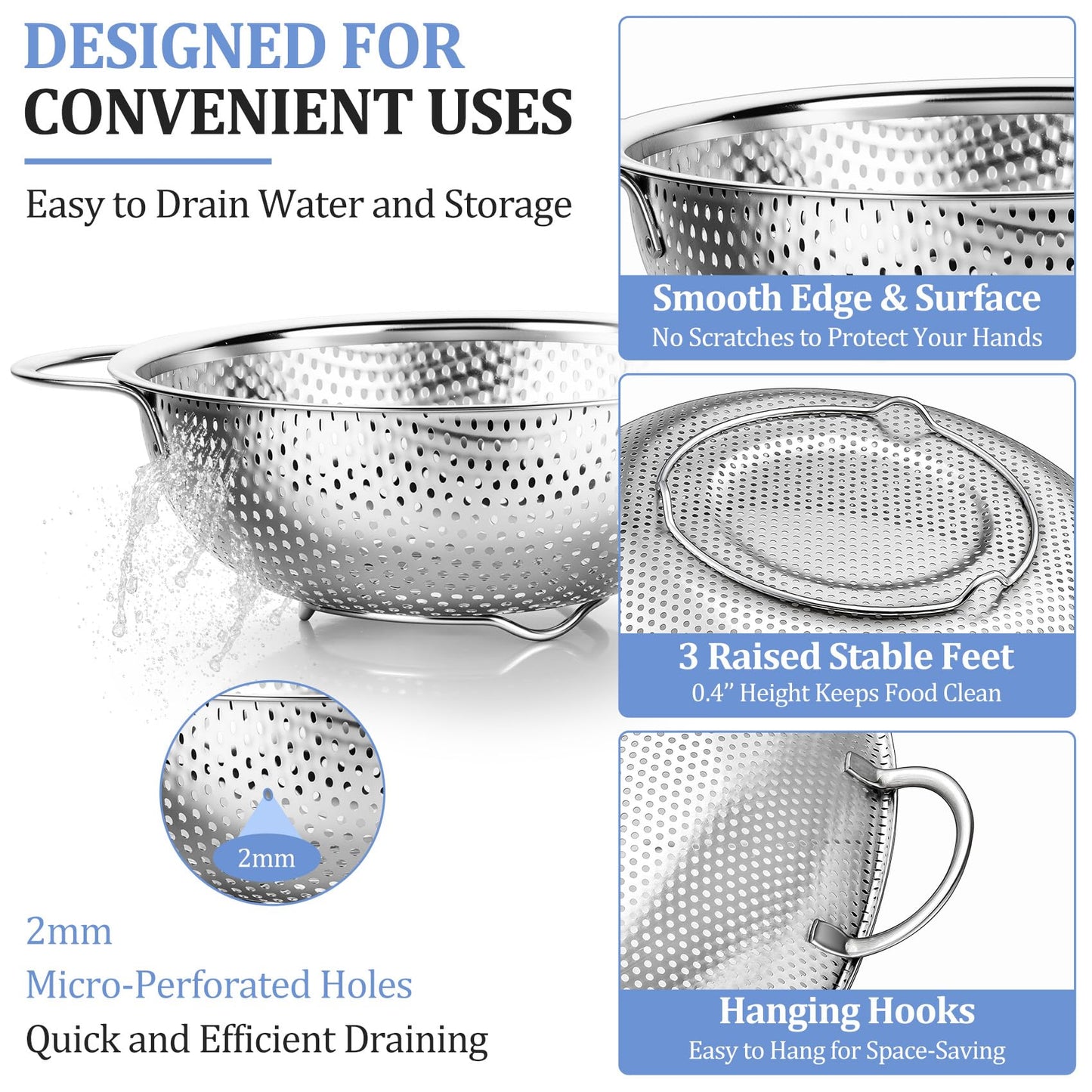 TeamFar Colander Set of 3, Stainless Steel Perforated Metal Colander Strainer with Handles for Spaghetti, Pasta, Berry, Rust Free & Dishwasher Safe - 1/3/5-quart