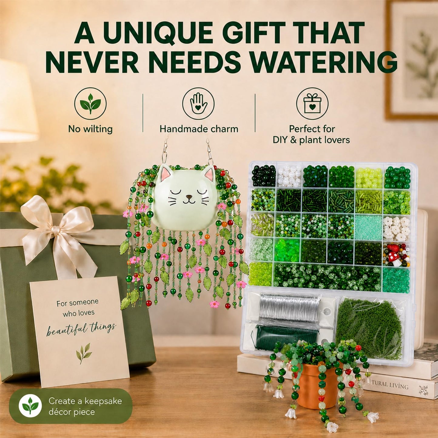 Scvotier Beaded Plant Kits with Wire and Beads, All-in-One Green Glass Beaded Plant DIY Craft Kit with Tools & Instructions - Create Your Own Hanging Green Decor, Relaxing Handmade Gift