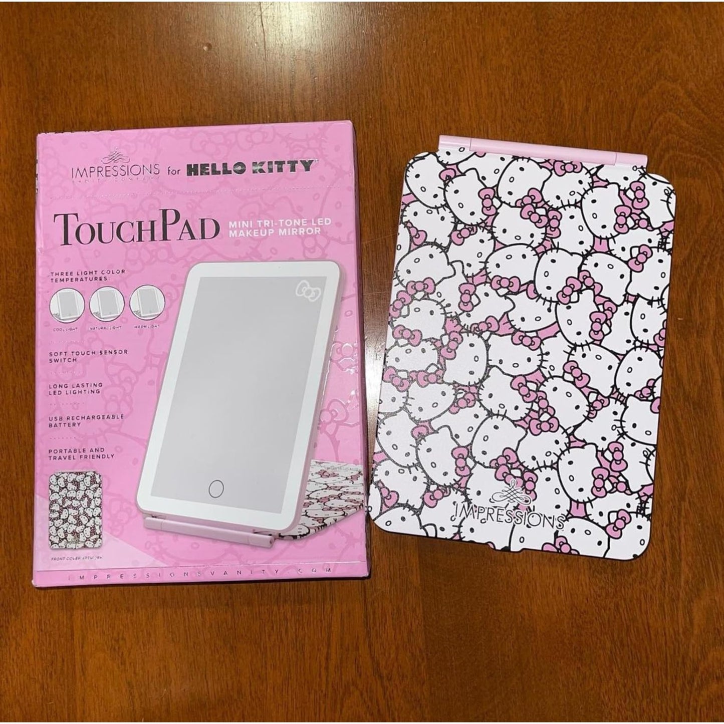 Impressions Vanity Hello Kitty Touch Pad Mini Tri-Tone Makeup Mirror with Printed Flip Cover and LED Strip, Travel Vanity Mirror with Touch Sensor Switch and USB Extension (White/Pink)