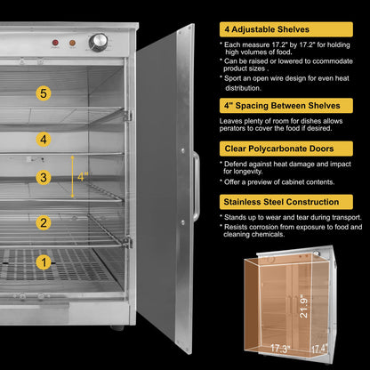 5-Shelf Electric Hot Box Food Warmer, Fits up to (10) 16" Pizza Boxes, Countertop Heated Holding Cabinet for Pretzels, Warming Machine for Home and Commercial Use, w/Water Drawer, 120V 600W