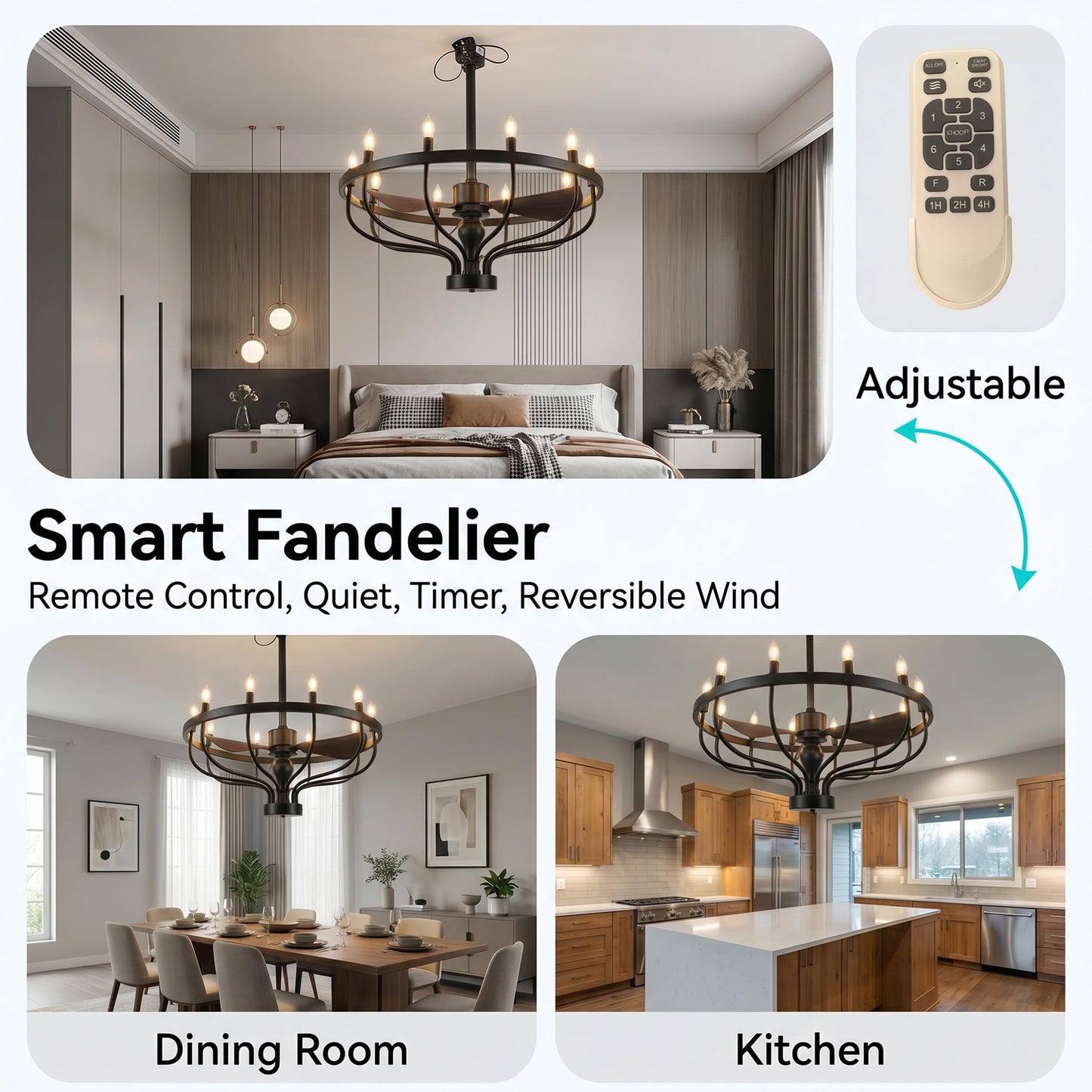 Fiqevs 32-inch Farmhouse Chandelier Fan with Remote Control, DC Motor, 12 LED Lights, Reversible Quiet Operation, Industrial Black Wagon Wheel Rustic Ceiling Fan for Bedroom and Living Room