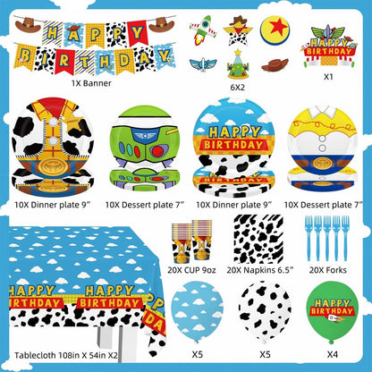 130pcs Story Birthday Party Decorations Tableware Set for 20 Guests Include Banner, Cupcake Topper, Cake Topper,Paper Plates,Napkins and Cups,Plastic Tablecloth and Forks,Latex Balloons