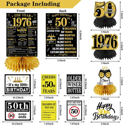 Turypaty 1976 50th Birthday Decorations for Men Women, Black Gold Happy 50 Years Old Birthday Banner Backdrop Wall Sign Balloons Sash Table Cake Topper Honeycomb Centerpieces Paper Fans Party Supplies