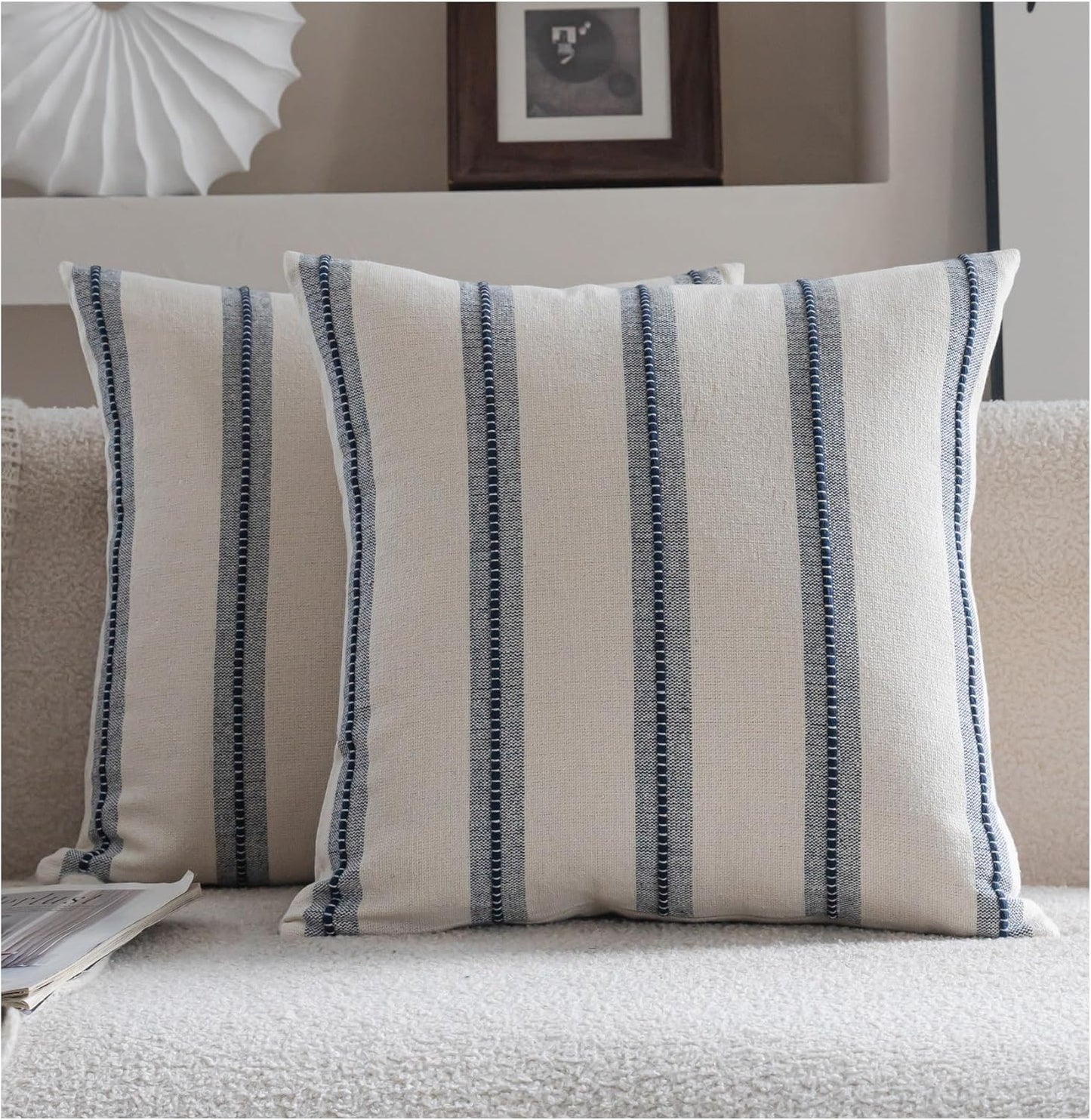 22x22 Set 2, Cethom Boho Throw Pillow Covers of Navy Blue Striped Decorative Pillow Cases for Couch Chair Bed, Textured