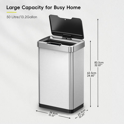 EKO Mirage-T 50 Liter / 13.2 Gallon Touchless Rectangular Motion Sensor Trash Can, Brushed Stainless Steel Finish