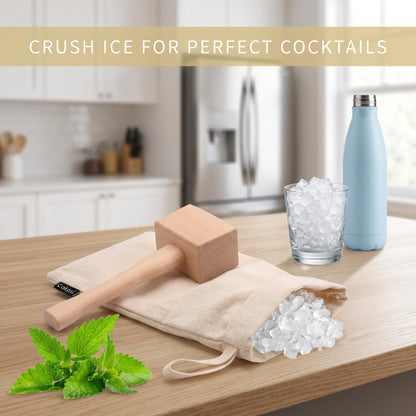 Cakasi Lewis Bag and Ice Mallet Crush Set, Wooden Hammer Reusable Canvas Bag for Crushed Use Home Party Bar Kitchen Dried Crushing Drinks