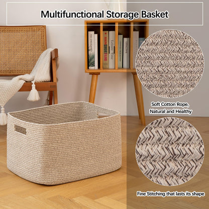 OIAHOMY 75L Large Blanket Basket, Woven Blanket Storage Basket with Handle, Cotton Rope Basket for Organizing 22”x17”x12”, Blanket Basket living Room, Toy Basket for Nursery, Brown variegated