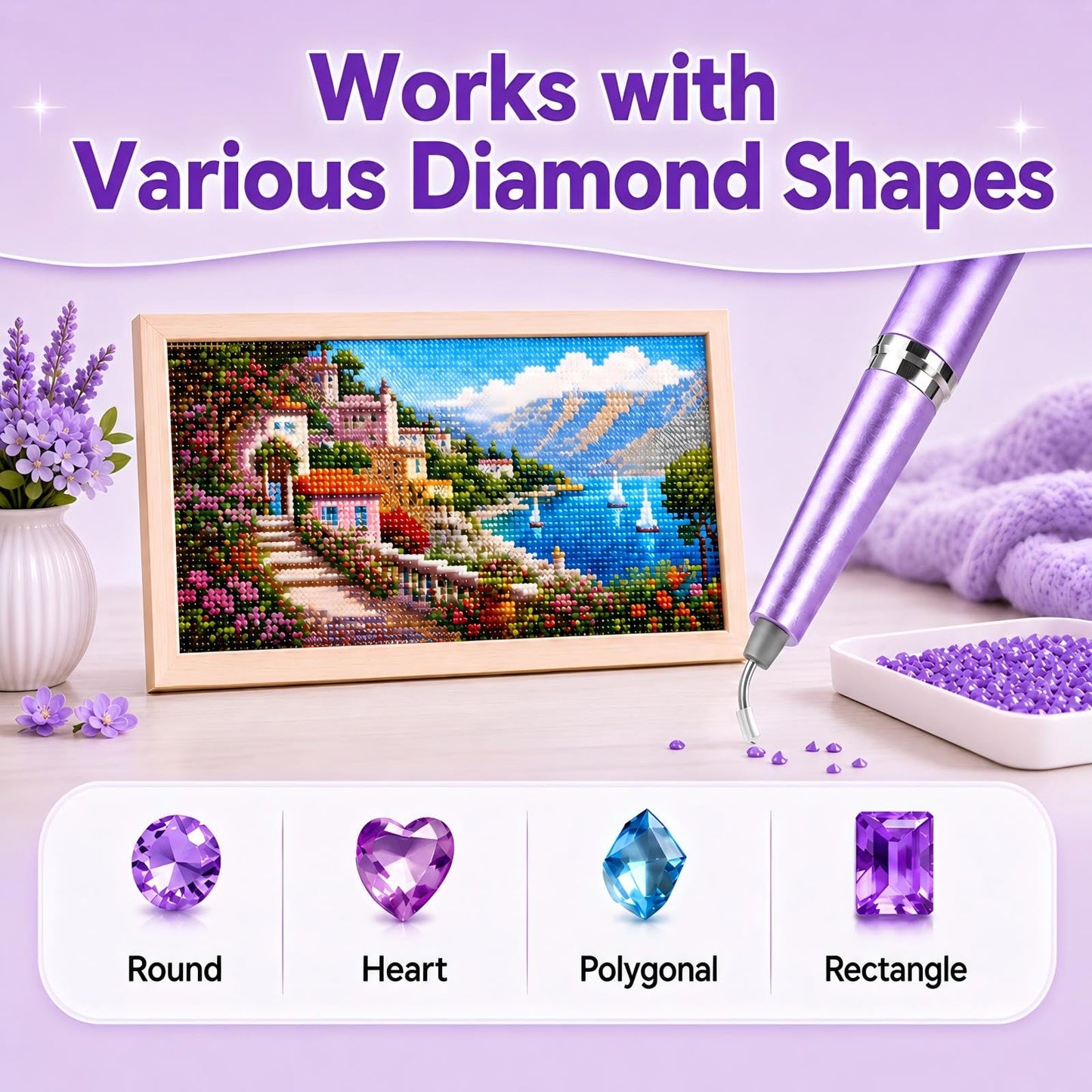 Electric Diamond Art Pen, Wireless Vacuum Diamond Painting Pen with 150° Ergonomic Angled Tip, 2-Level Suction No Wax, Diamond Art Kits for Adults, Quiet & Lightweight Diamond Art Tools (Purple)