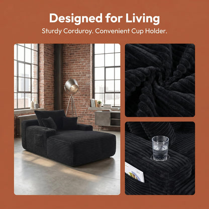 Trygoal 65 inch Boneless Lounge Chair Indoor, Oversized Chaise Lounge with Wide Armrest, Throw Pillows & Cup Holders, Cloud Reading Nook Chair for Living Room & Apartment, Classic Black