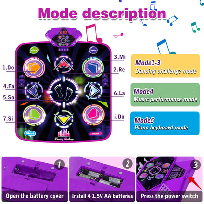 Kusntin Dance Mat, Dance Mixer Rhythm Step Play Mat, Pink Dance Pad with LED Lights, Adjustable Volume, Built-in Music, 5 Game Modes, Xmas Birthday Gifts for 3-10 Years Girls Toys (Purple-Black)