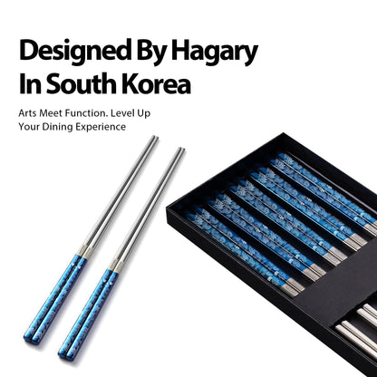 Hagary Dragon Chopsticks Metal Reusable Designed In Korea Japanese Style Stainless Steel 316 18/10 Non-Slip Dishwasher Safe Laser Etched (Blue - 5 Pairs)