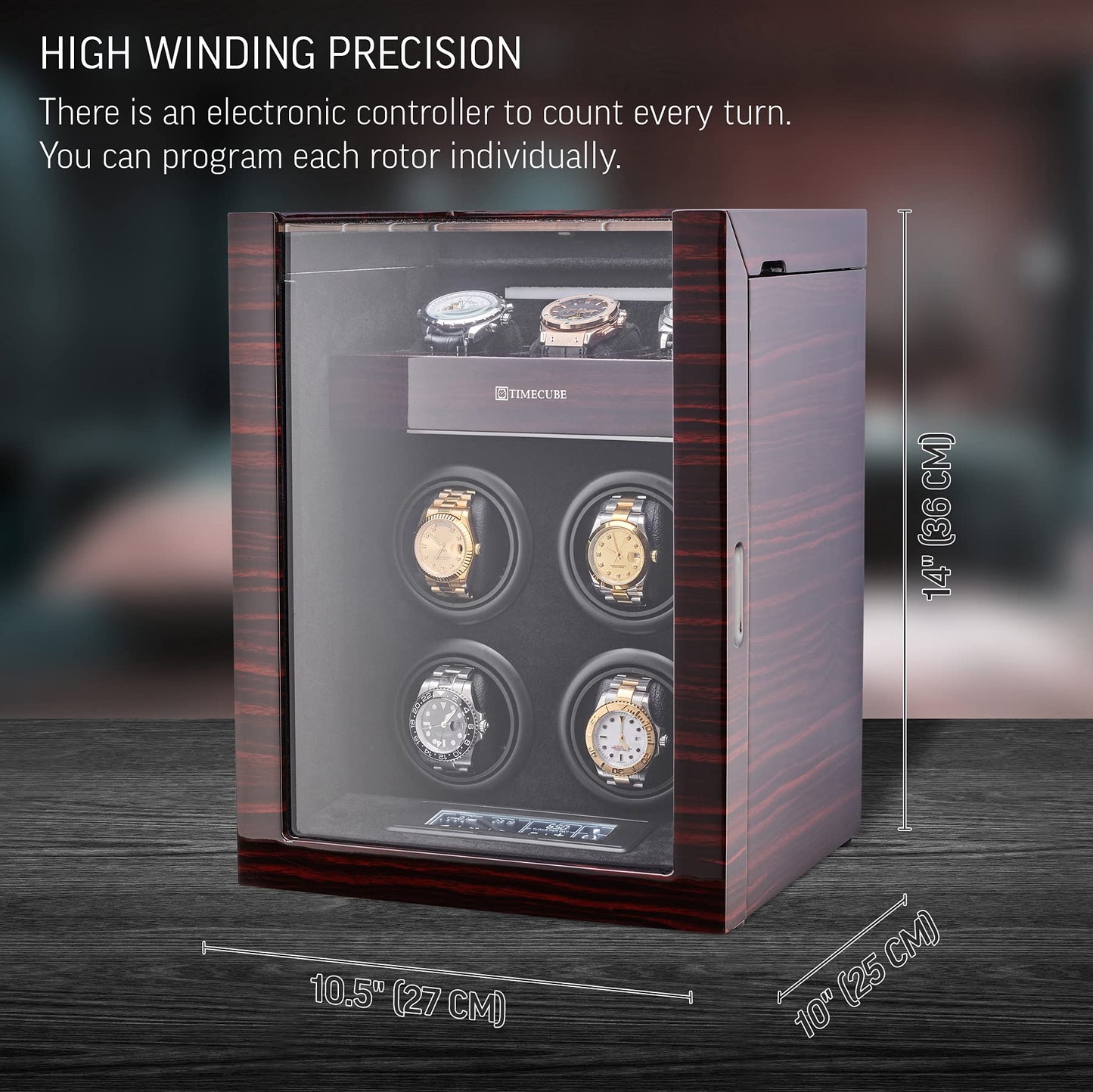 TIMECUBE Watch Winder for 4 Watches with 15 Winding Programs and 3 Watch Storage Slots (Ebony)