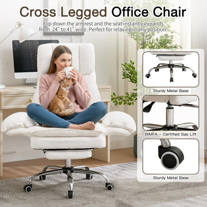 Ergonomic Cloud Cross Legged Office Chair with Footrest,Teddy Fleece Big and Tall Executive Chair with Wheels,Reversible Armrest,155° Reclining Computer Wide Desk Chair for Home,Office (White)