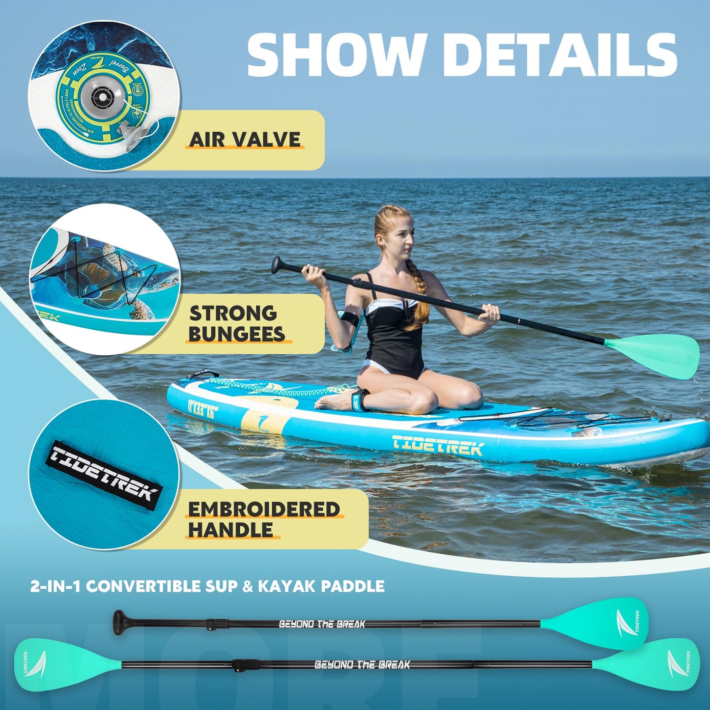 TIDETREK 11'/11'6" x 33"/34" x 6" Inflatable SUP Paddle Board – Extra-Wide, Stable Stand Up Paddle Board with Premium Full Accessory Set for Adults & Youth (Blue Turtle/Kayak Seat, 11'x33 x6)