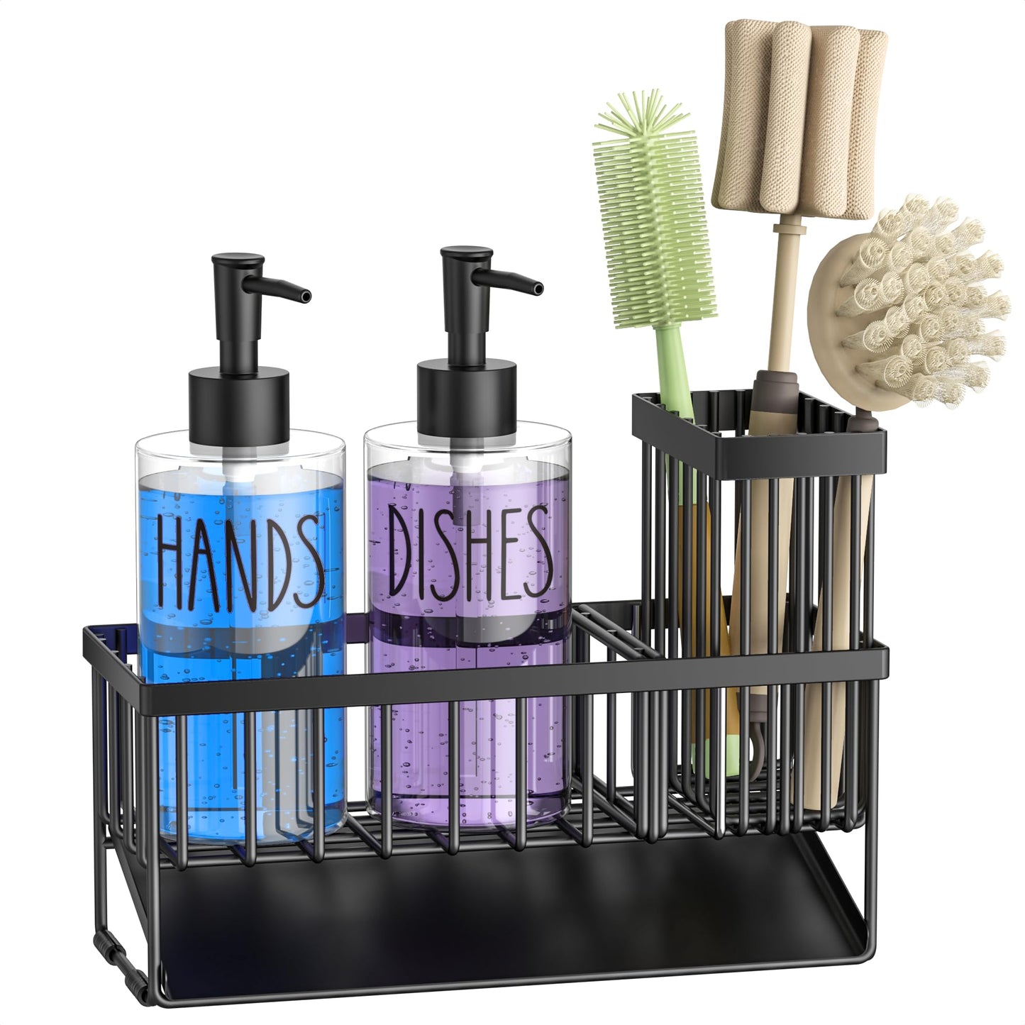 MASADI Kitchen Sink Caddy with Dish Soap Dispenser Set, 12OZ Glass Bottle, Hand and Dish Soap Dispenser Set, Non-Slip Silicone Pad, Brush Holder, Kitchen Sink Organizer Countertop (Black+Clear)