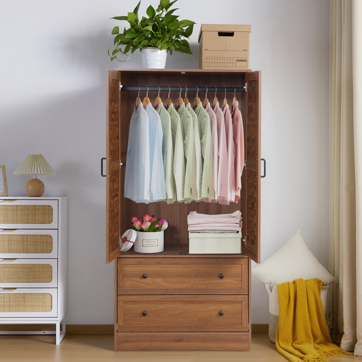 LEVNARY Armoire Wardrobe Closet with 2 Woven Doors, Wardrobe Cabinet with Storage Drawers and Hanging Rail, Freestanding Closets for Bedroom (Walnut)