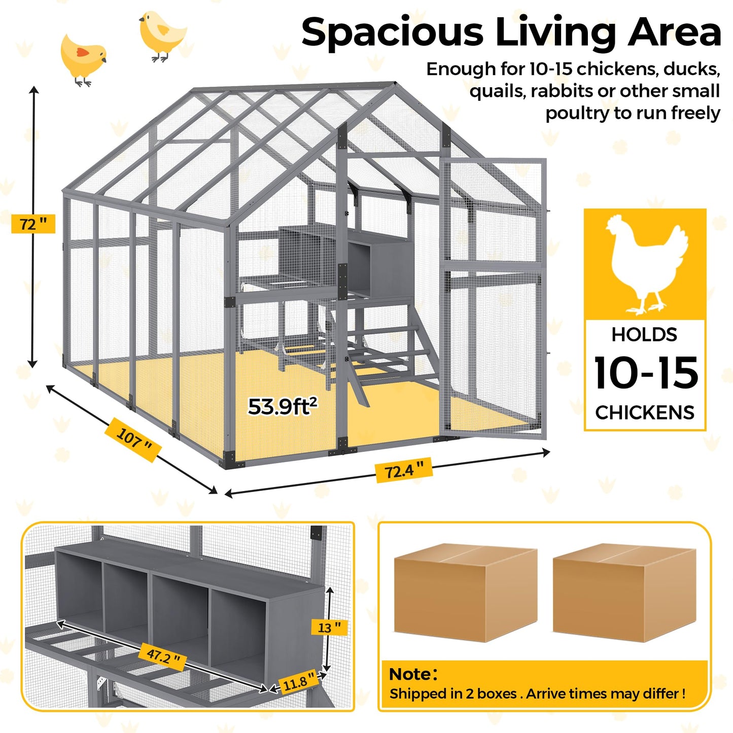 COZIWOW Chicken Coop with Full Waterproof Cover, 9' Extra Large Wooden Chicken House for 10-15 Chickens, 4 Nesting Boxes, Roosting Bars, Outdoor Walk-in Poultry Run for Backyard, Farm, Modern Gray