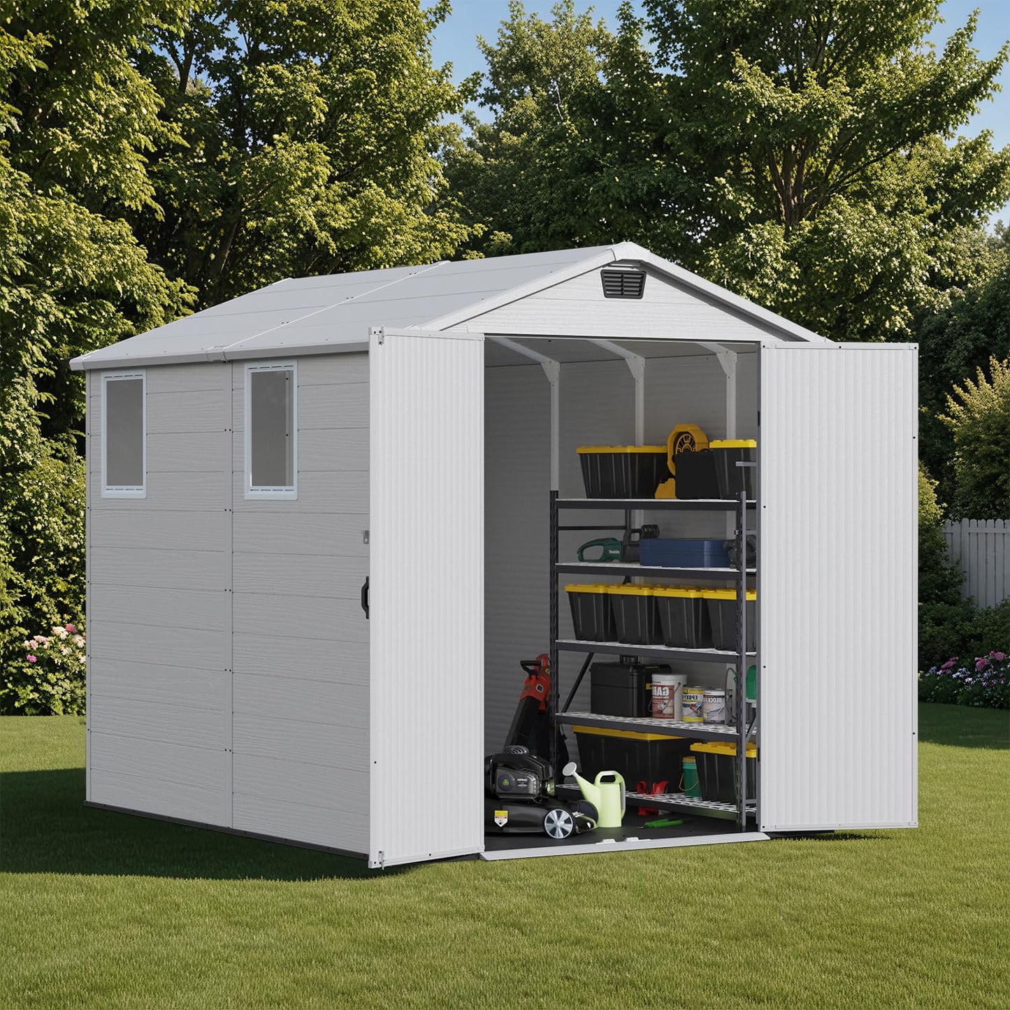 Patiowell 6X8 FT Resin Outdoor Storage Shed with Floor, Plastic Tool Sheds with Lockable Door and Window, Weather-Resistant Garden Shed, Easy Assembly for Backyard, Patio, Light Grey
