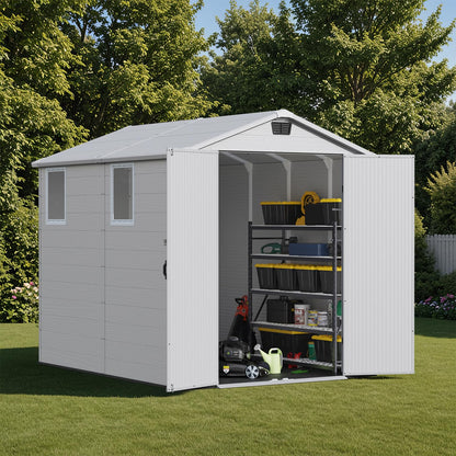 Patiowell 6X8 FT Resin Outdoor Storage Shed with Floor, Plastic Tool Sheds with Lockable Door and Window, Weather-Resistant Garden Shed, Easy Assembly for Backyard, Patio, Light Grey