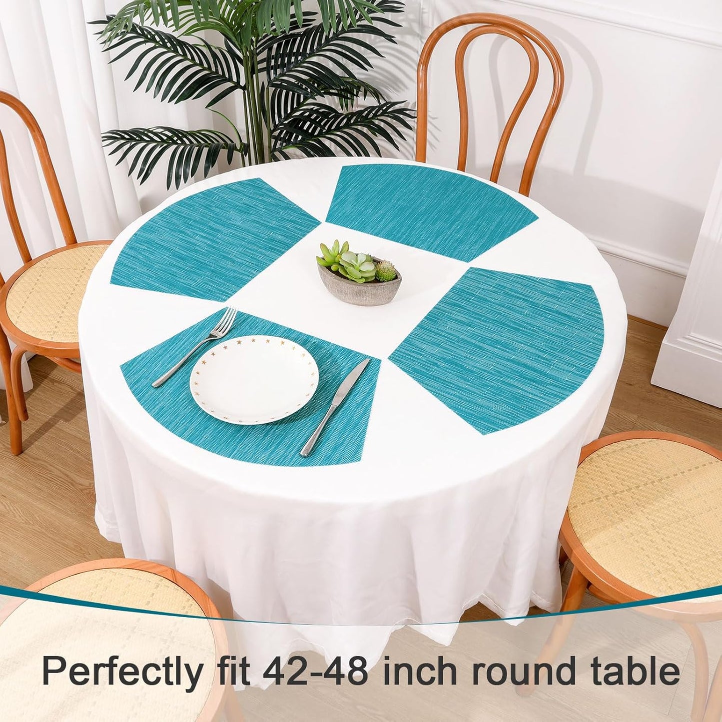 SHACOS Set of 4 Round Wedge Placemats, Heat Resistant, Woven Vinyl PVC Table Mats, Teal Blue, Indoor Outdoor