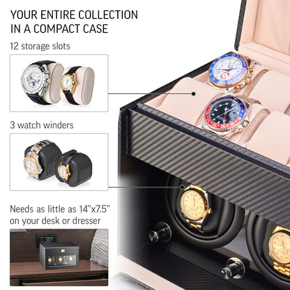 Watch Winder and Storage box for winding 3 Automatic Watches and 12 Watch Storage Space (Black)