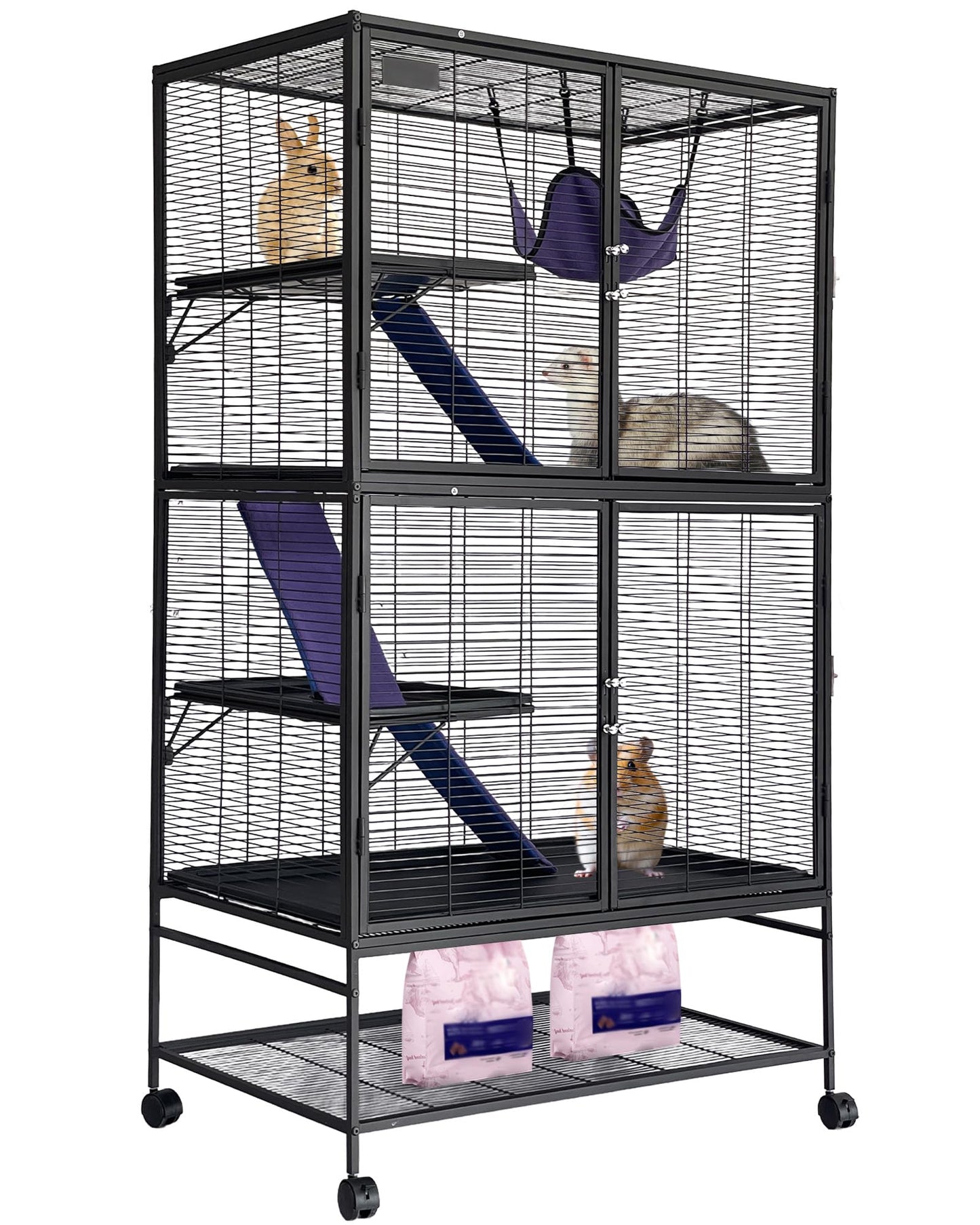 Garvee Metal Small Animal Cage,64 in H Ferret Cage for Small Animals - 4 Tier Large Hamster Cage with Removable Ramp, Hammock, Extra Storage Stand,Removable Tray for Ferret, Chinchilla, Hamster