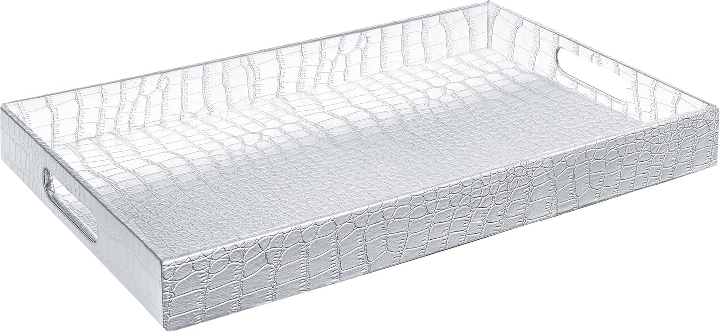 17.5"x12" Home Redefined Silver Glossy Crocodile Faux Leather Serving Tray Beautiful Modern Elegant Decorative Tray