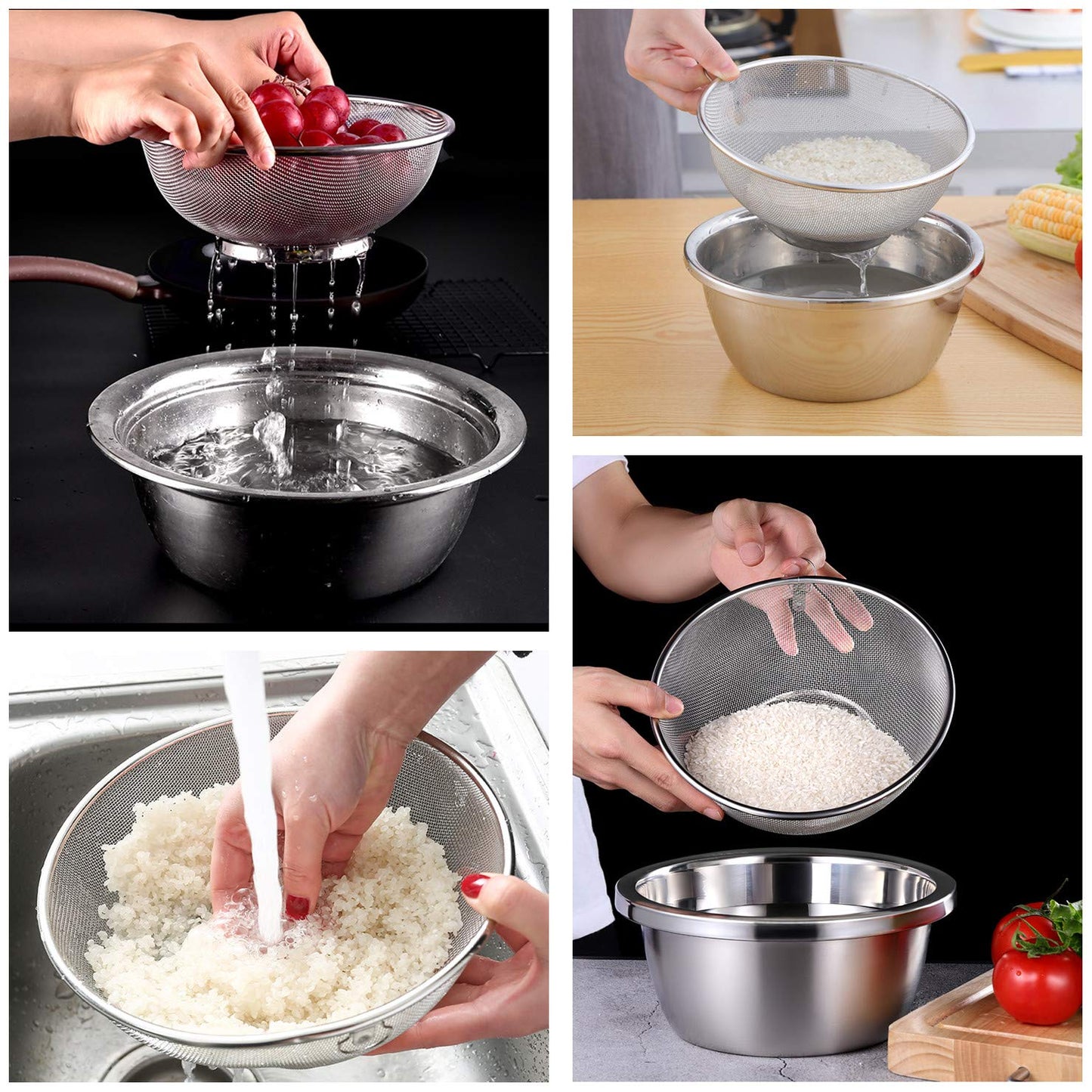 2 Pack Stainless Steel Mesh Colander Kitchen Fine Mesh Strainer Bowl Straining Screen Basket Drainer Rice Washing Bowl Colander Sieve Sifters for Rice, Pasta, Noodles, Vegetables, Fruits