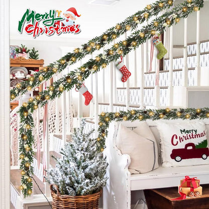 6FT Christmas Garland with Lights, Christmas Decorations Indoor Outdoor Pre-lit Artificial Pine Garland with Battery Operated Timer, Home Holiday Decor Flocked Garland for Mantel Window Stairs Wall