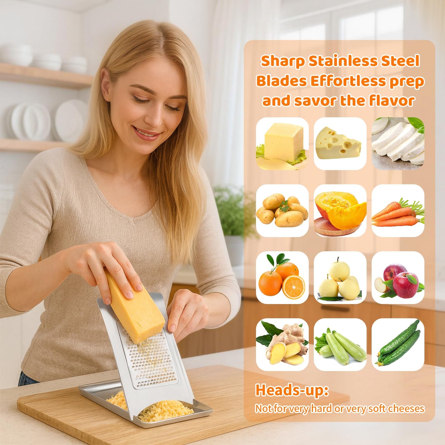 Aolzg 3-in-1 Handheld Cheese Grater Set for kitchen - Adjustable Slicer, Grater and Shredder with Tray - 430 Stainless Steel for Cheese, Butter, Vegetables, Chocolate, Dishwasher Safe