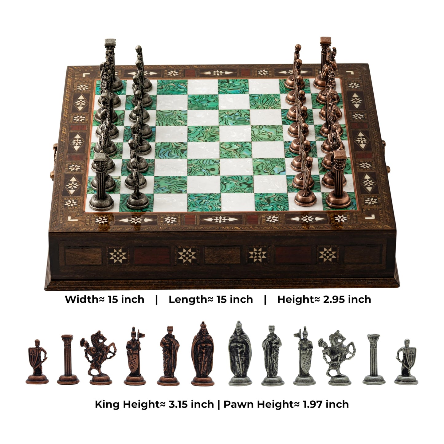 15'' Wooden Chess Set with Metal Chess Pieces – Handmade Storage Chess Board & British Metal Pieces – Elegant Chess Gift for All Ages – Gift for Him (Green)