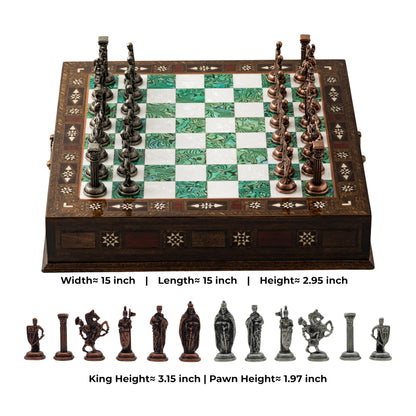 15'' Wooden Chess Set with Metal Chess Pieces – Handmade Storage Chess Board & British Metal Pieces – Elegant Chess Gift for All Ages – Gift for Him (Green)