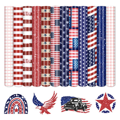 Tintnut American Flag Permanent Vinyl - 10 Sheets 12"x10", USA Flag Patriot Adhesive Vinyl, Independence Day Pattern Self Sticker Water Proofing Long Lasting for DIY