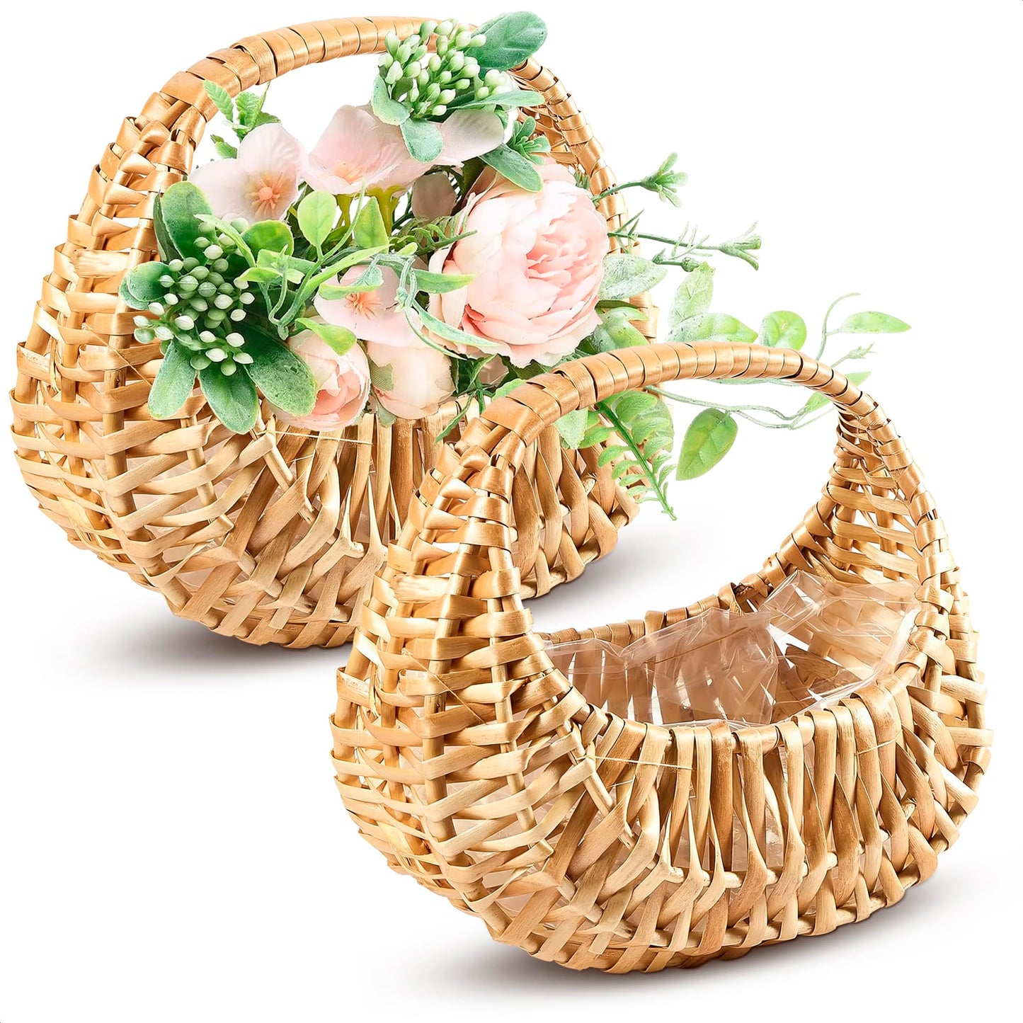 Small Flower Girl Basket Set of 2 - Small Wicker Basket with Handle and Waterproof Lining, 6.3 x 5.12 x 3.75 Inch - Rattan Design for Wedding Flower Petals, Candy, Gift Use, Storage and Home Decor