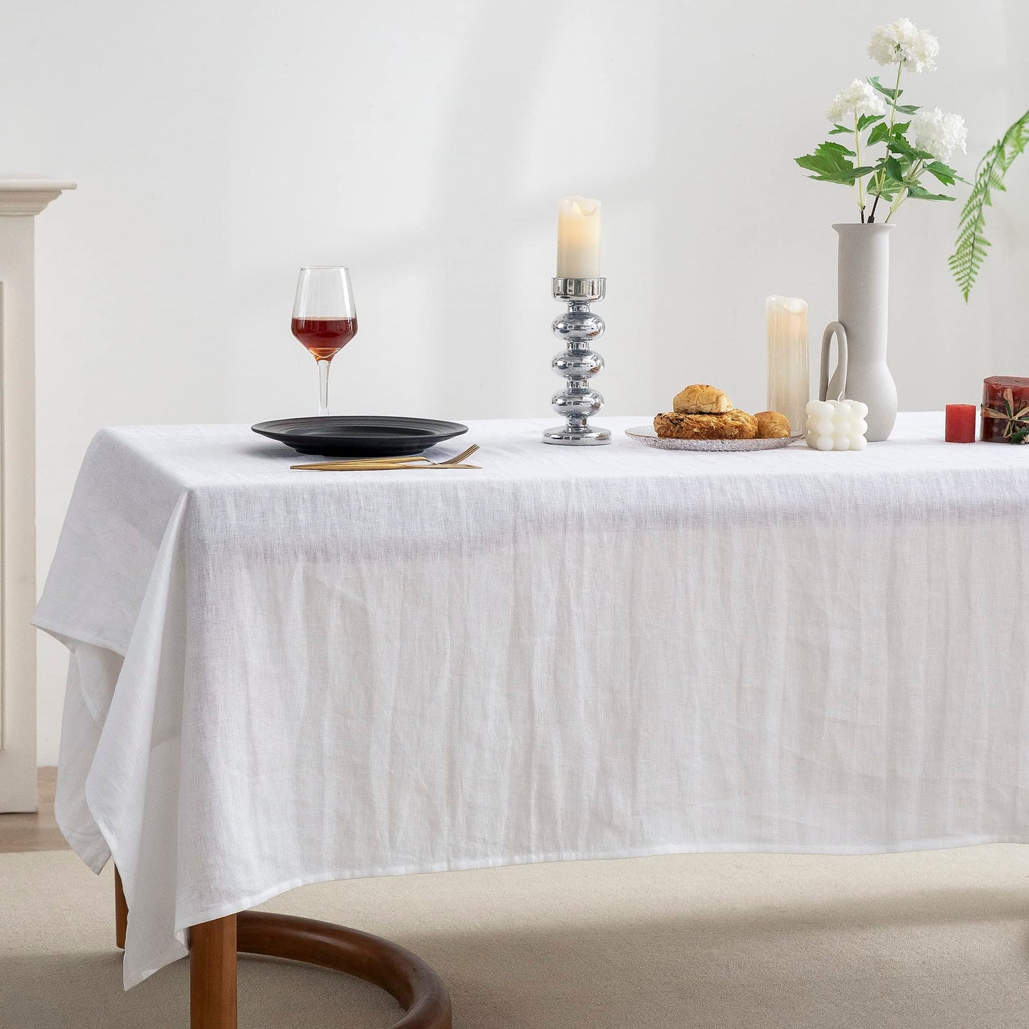 EVERLY 100% Pure Linen Rectangle Tablecloths 60x84Inches for Dining, Buffet Parties, Picnic,Events, Weddings and Restaurants, Decorative Halloween, Thanksgiving Machine Washable Tablecloths-White