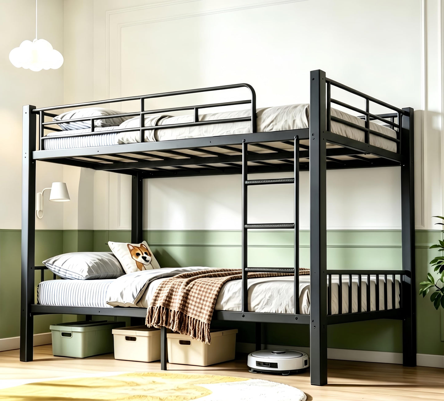 Feetice Queen Over Queen Bunk Bed, Heavy Duty Metal Bunk Bed for Adults & Teens, 400/600lbs Capacity, Full-Length Top Guardrails, Anti-Slip Ladder, 9.8" Underbed, No Box Spring Needed